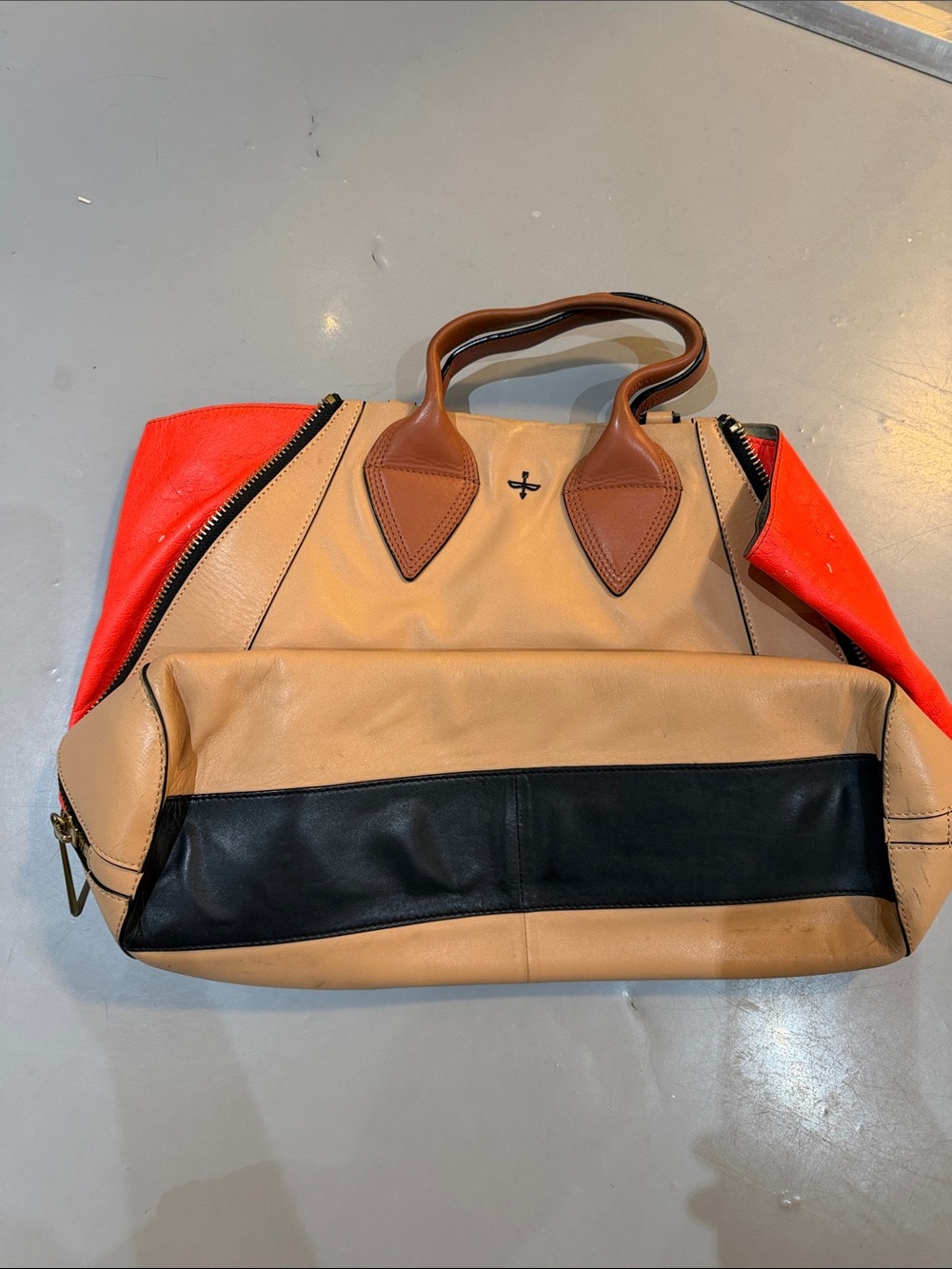 Leather Colorblock Tote Bag - Tan, Black & Red